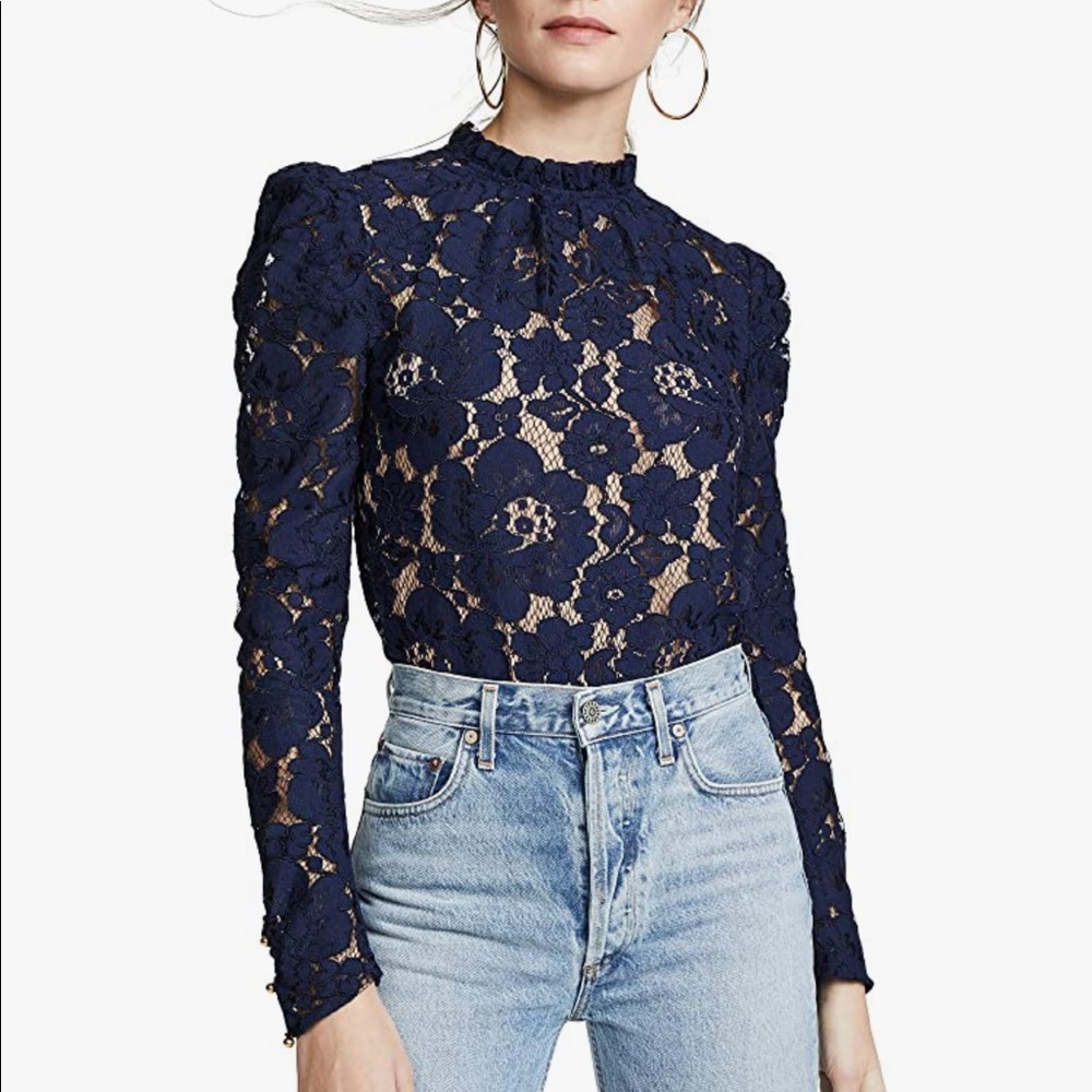 Wayf Emma Lace Puff Sleeve Navy Blue Blouse